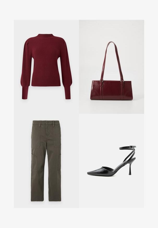 Bordeaux ribbet striktrøje med høj hals, lange pufærmer og tætsiddende manchetter. Har en blød tekstur og et struktureret design.; Good American CROPPED PANTS - Cargobukser - fatigue; Sort spids højhælet sko med tynde ankelremme og sølvspænde på en ensfarvet lys baggrund.; Bordeaux håndtaske lavet af glansfuldt materiale, rektangulær form, med to skulderremme og subtile buede detaljer på forsiden.