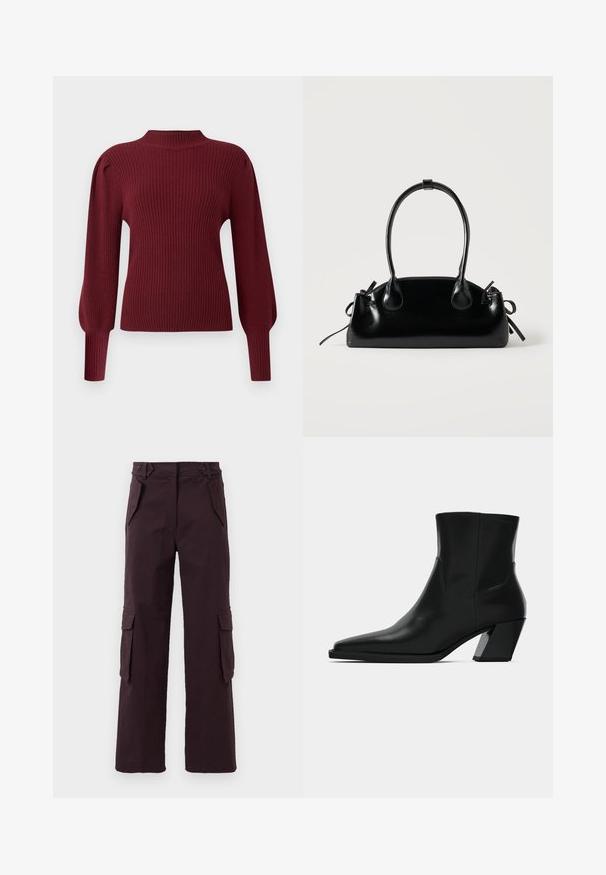 Pull en maille côtelée bordeaux avec un col montant, de longues manches bouffantes et des poignets ajustés. Caractérisé par une texture douce et un design structuré.; Pantalons cargo straight-leg de couleur violet foncé avec des poches à rabat sur les côtés, des poches avant inclinées et des passants de ceinture à la taille.; Bottine en cuir noir avec un bout pointu, une silhouette élégante et un talon carré massif. Texture lisse avec des détails de couture minimalistes.; Petit sac à main noir brillant avec deux longues anses et des détails à cordon sur les côtés sur un fond clair uni.