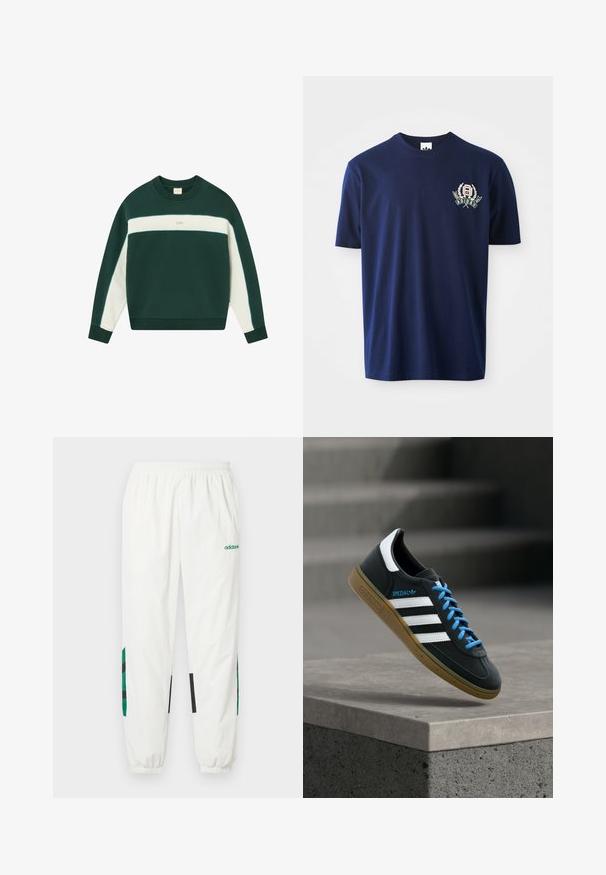 Sweatshirt vert et crème avec un col rond, des rayures contrastées, des poignets côtelés et un petit logo sur la poitrine. Matière en coton doux.; T-shirt en coton bleu marine avec des manches courtes, un col rond et un logo brodé avec des accents de laurier sur la poitrine gauche.; Pantalon de sport blanc en matière légère, avec des accents verts et noirs sur les côtés, doté d'une ceinture et de poignets élastiques.; Baskets Adidas noires avec des rayures blanches, des lacets bleus et une semelle en gomme flottant au-dessus d'une marche en béton grise sous une lumière douce.