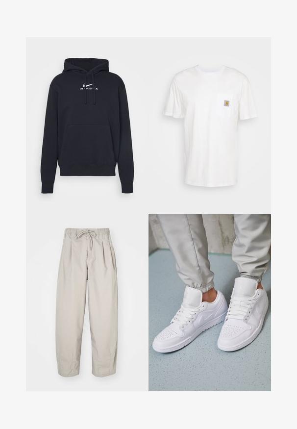 Sudadera negra de mezcla de algodón con un bolsillo frontal, capucha ajustable con cordón y logo blanco "AIRMI" en el pecho. Corte estándar.; Camiseta de algodón blanca con mangas cortas, un bolsillo en el pecho y un pequeño parche cuadrado de logo en naranja y blanco en el bolsillo.; Pantalones ligeros color beige con cintura elástica y cordón de ajuste. Presentan pliegues y un corte holgado, elaborados con una tela suave y lisa.; Las zapatillas deportivas de cuero blanco cuentan con una caja de dedos perforada, cordones planos, un cuello acolchado y el logo de Jordan en la lengüeta. Las llevan puestas con pantalones joggers grises.