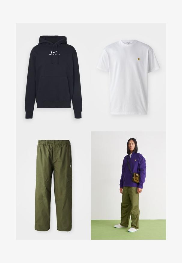 Sudadera negra de mezcla de algodón con un bolsillo frontal, capucha ajustable con cordón y logo blanco "AIRMI" en el pecho. Corte estándar.; Camiseta de algodón blanca con mangas cortas, cuello redondo, que presenta un pequeño logo dorado en la parte izquierda del pecho. Textura suave y corte regular.; Pantalones cargo de Nike en verde oliva oscuro, con una cintura elástica, dos bolsillos laterales y una tela suave y ligera.; Jordan AIR JORDAN 1 ZM CMFT 2 - Zapatillas altas - summit white/bicoastal/oxidized green