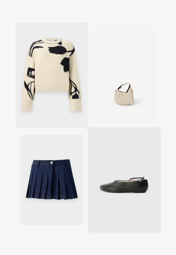 Pull en tricot beige avec des motifs floraux abstraits noirs sur le devant, les manches et les épaules, doté de poignets et d'un ourlet côtelés.; Jupe plissée en denim foncé avec une taille ajustée, fermeture à boutons et coutures contrastées. Présente des plis soignés et un ourlet droit.; Ballerines en cuir noir avec un bout arrondi, une sangle à la cheville et une surface lisse. Elles présentent des embellissements minimaux et une semelle en caoutchouc flexible.; Sac à main en cuir beige en forme de croissant avec une seule bandoulière et des coutures minimalistes, posé sur un fond blanc uni.