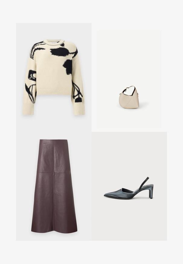 Pull en tricot beige avec des motifs floraux abstraits noirs sur le devant, les manches et les épaules, doté de poignets et d'un ourlet côtelés.; Jupe midi en cuir marron à texture lisse, forme évasée, taille haute et lignes épurées, avec un détail de couture frontale.; Escarpin noir à bride arrière avec un bout pointu, une finition satinée élégante et un talon fin de 7,5 cm. Design latéral ouvert avec des détails de couture minimalistes.; Sac à main en cuir beige en forme de croissant avec une seule bandoulière et des coutures minimalistes, posé sur un fond blanc uni.