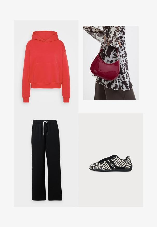 Rød cropped hoodie lavet af en blanding af bomuldsstof. Har en frontlomme og hætte med snoretræk. Ribbet manchetter og kant. Glat tekstur.; Sorte joggingbukser lavet af blød bomuld, med en elastisk talje og en hvid snor samt en løs pasform. Ingen bemærkelsesværdige mønstre eller detaljer.; Sort-hvid snørebåndssneaker med zebra-stribemønster og tekstureret sort sål på en ensartet lys baggrund.; Kvinde iført en sort- og hvidmønstret bluse, der holder en blank rød skuldertaske mod en ensfarvet baggrund.