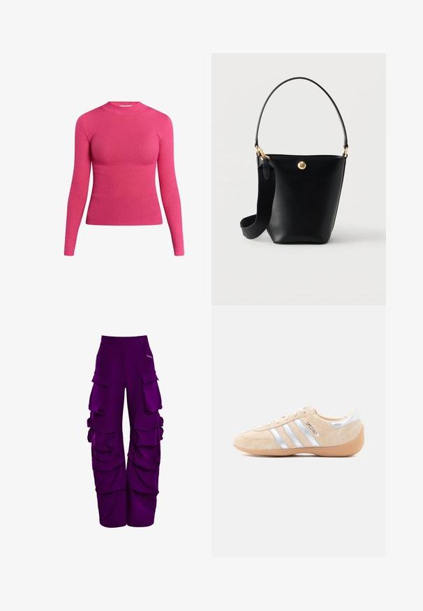 Väritön långärmad topp i knallig rosa ribbat tyg. Hög nackdesign med texturerad yta, slim siluett och inga synliga knäppningar.; Violetti cargo-housut, joissa on useita suuria taskuja ja rypytettyä yksityiskohtaa. Valmistettu sileästä kankaasta, jossa on keskikorkea vyötärö.; Beigen sävyinen mokkanahkainen tennari, jossa hopeanväriset yksityiskohdat, kolme sivusuuntaista raitaa, kumipohja ja teksturoitu viimeistely varpaassa ja kannassa.; Musta nahkainen bucket-laukku, jossa lyhyt kahva ja leveä irrotettava kangasolkaimet, etupuolella pieni pyöreä kultainen merkki.