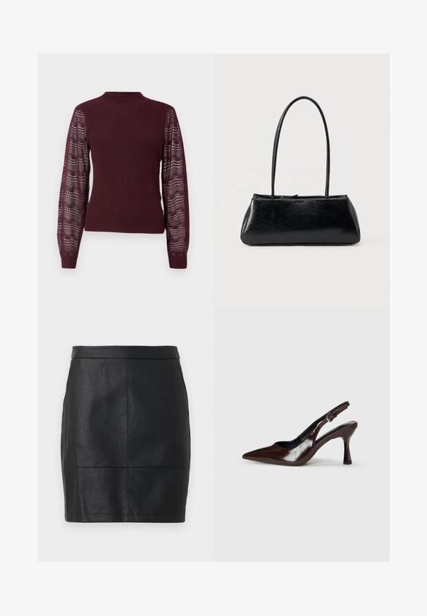Suéter burdeos con cuerpo acanalado y mangas de punto transparente y con patrón; presenta un cuello alto y puños ajustados.; Falda de cuero negro con una superficie texturizada, que presenta un diseño recto y una silueta ajustada. Sin hardware ni acentos visibles.; Zapatos de tacón slingback de charol marrón con punta afilada, tacón delgado y correa ajustable con una pequeña hebilla.; Bolso de hombro rectangular negro con correas largas y delgadas y una textura lisa y brillante sobre un fondo liso.