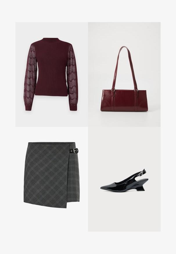 Suéter burdeos con cuerpo acanalado y mangas de punto transparente y con patrón; presenta un cuello alto y puños ajustados.; Falda de lana a cuadros gris oscuro con detalle de hebilla negra en el lado derecho, dobladillo recto y un sutil patrón de líneas diagonales.; Zapato slingback de cuero charol negro con puntera puntiaguda y tacón bajo en bloque inclinado sobre fondo claro liso.; Bolso burdeos hecho de material brillante, de forma rectangular, con dos asas para el hombro y sutiles acentos curvados en la parte frontal.