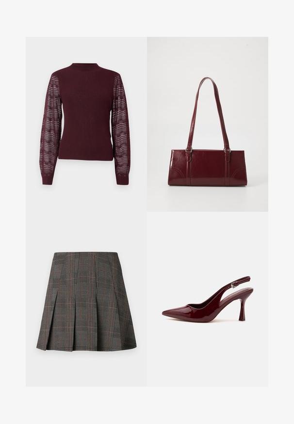 Suéter burdeos con cuerpo acanalado y mangas de punto transparente y con patrón; presenta un cuello alto y puños ajustados.; Falda de cuadros gris con pliegues, con intrincados patrones en blanco y negro, acentuados por delgadas líneas rojas. Está hecha de una tela estructurada.; Zapato de tacón alto con puntera puntiaguda y tira trasera en color rojo oscuro brillante, con una delgada correa ajustable y tacón de aguja afilado sobre fondo blanco.; Bolso burdeos hecho de material brillante, de forma rectangular, con dos asas para el hombro y sutiles acentos curvados en la parte frontal.