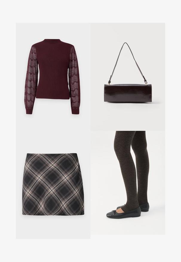 Suéter burdeos con cuerpo acanalado y mangas de punto transparente y con patrón; presenta un cuello alto y puños ajustados.; Minifalda a cuadros en negro y beige con patrón de cuadros diagonal, cintura ajustada y textura de tela suave.; Piernas con leggings oscuros acanalados combinados con bailarinas negras que presentan pequeños detalles de lazo sobre un fondo blanco.; Bolso rectangular de cuero negro con una sola correa larga y acabado brillante, exhibido sobre un fondo blanco liso.