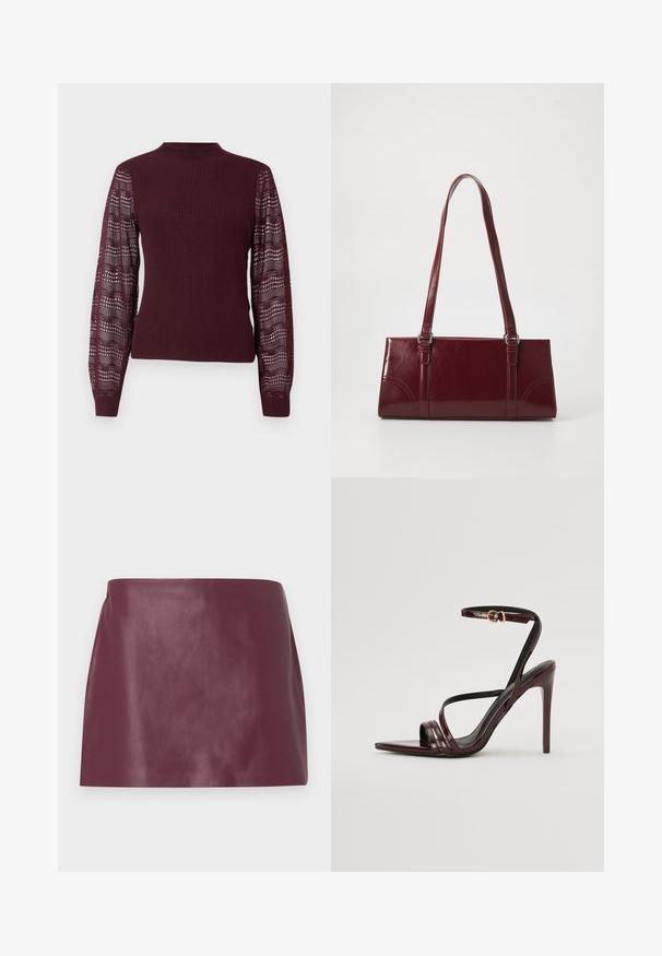 Pull bourgogne avec un corps côtelé et des manches en tricot translucide à motifs ; il présente un col haut et des poignets ajustés.; Mini jupe en cuir bordeaux lisse avec une coupe droite et sans embellissements ni fermetures visibles.; Sandale à talons hauts en cuir verni bourgogne avec une bride de cheville, bout pointu et trois bandes horizontales sur le pied. Détail de boucle dorée.; Sac à main bordeaux en matériau brillant, de forme rectangulaire, avec deux anses et des accents légèrement courbés à l'avant.
