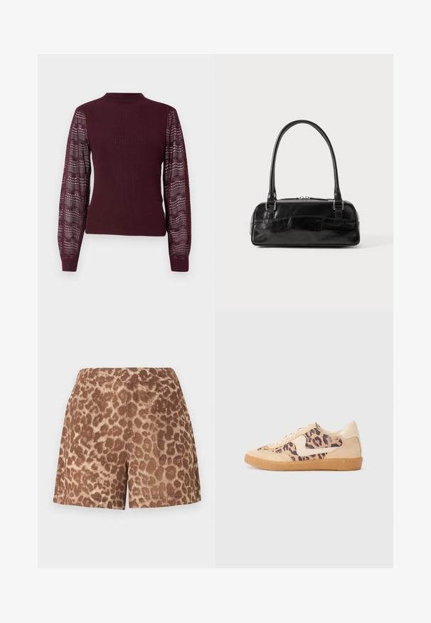 Bordeaux striktrøje med ribbet krop og gennemsigtige, mønstrede ærmer; har en høj halsudskæring og tætsiddende manchetter.; Brune leopardprint-mønstret skræddersyede shorts med flad front og sidelommer mod en lys baggrund.; Leopardprint sneakers med beige ruskindsoverdel, tan gummisål og hvide detaljer. Rund pegefinger og snørebåndsdesign med en tekstureret finish.; Sort læderhåndtaske med rektangulær form, der har et enkelt struktureret håndtag, sølvhardware og lynlås-lukning. Glat tekstur.