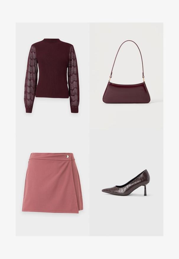 Suéter burdeos con cuerpo acanalado y mangas de punto transparente y con patrón; presenta un cuello alto y puños ajustados.; Falda corta cruzada color rosa polvo con un pequeño botón plateado cerca de la cintura sobre un fondo claro y liso.; Tacones puntiagudos de cuero sintético marrón con textura de cocodrilo, con un tacón delgado y angular y un forro interior suave.; Bolso brillante de color burdeos oscuro con un asa fina y única y una forma elegante de trapecio sobre un fondo claro y liso.