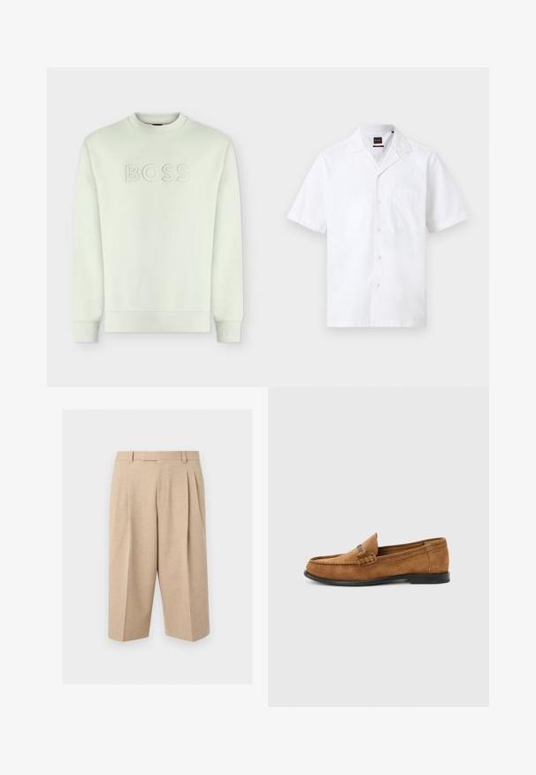 Sweat-shirt beige clair à col rond avec manches longues et logo "BOSS" en relief brodé sur la poitrine.; Chemise blanche pour homme à manches courtes, boutonnée à l'avant, avec une poche frontale et un col club.; Short beige sur mesure arrivant aux genoux avec plis à l'avant, passants de ceinture et une taille lisse sur un fond clair uni.; Mocassin pour homme en daim marron avec détail tressé sur le dessus et semelle noire, présenté de profil sur un fond uni gris clair.