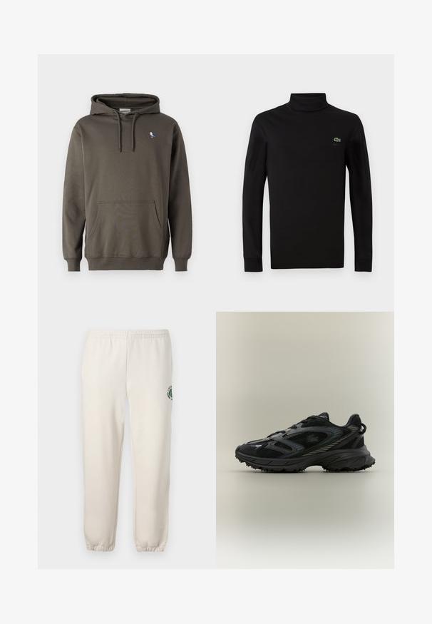 Sweatshirt à capuche vert olive en coton doux. Doté d'une poche avant et d'une petite broderie d'oiseau sur la poitrine gauche.; Pull à col montant noir à manches longues en coton lisse, avec un petit logo crocodile vert sur la poitrine gauche.; Pantalon de jogging beige clair en coton, doté d'une taille élastique, de poignets en côtes et d'un logo vert avec un design de feuille sur la jambe gauche.; Chaussure de sport noire avec des panneaux en mesh, une semelle texturée, des lacets et une silhouette courbée avec des accents argentés sur les côtés.