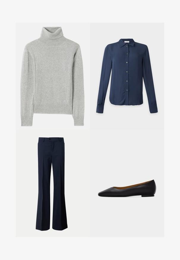 Lys grå turtleneck sweater lavet af blødt stof. Har ribbede manchetter og kanten, samt et diskret logo nederst til højre.; Langærmet mørkeblå skjorte med knapper, krave og manchetter, vist fladt mod en lys baggrund.; Navy blå bukser med knaplukning, bæltestropper og en lige, vid ben.; Sort læder flad sko med spids tå, lav hæl og glat finish, vist fra siden på en lysegrå baggrund.