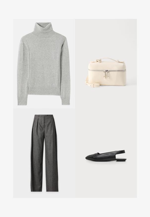 Lys grå turtleneck sweater lavet af blødt stof. Har ribbede manchetter og kanten, samt et diskret logo nederst til højre.; Grå bukser med høj talje og vide ben med et subtilt ternet mønster og frontplisseringer, vist på en ensartet lys baggrund.; Sort spids tå flad slingbacksko med vævet detalje foran og lav hæl, vist i sideprofil på hvid baggrund.; Rektangulær cremefarvet lædertaske med dobbelt sølvlynlås, top-håndtag og justerbar skulderrem på ensfarvet hvid baggrund.