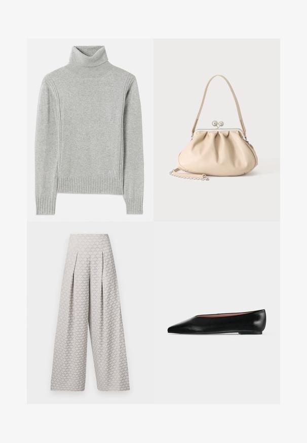 Lys grå turtleneck sweater lavet af blødt stof. Har ribbede manchetter og kanten, samt et diskret logo nederst til højre.; Lys grå brede bukser med et struktureret mønster, der minder om små trekanter, med høj talje og sammenfoldninger for ekstra struktur.; Sort damesko i læder med flad hæl og spids tå, vist fra siden på en ensfarvet lys grå baggrund.; Beige blød læderhåndtaske med en sølv metalramme-lukning, enkelt skulderstrop og en valgfri kæderem på en hvid baggrund.