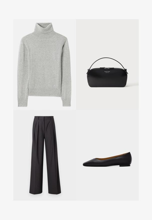 Lys grå turtleneck sweater lavet af blødt stof. Har ribbede manchetter og kanten, samt et diskret logo nederst til højre.; Bredde ben bukser i mørkegrå stof, med frontfolder, en glat tekstur, en mellemhøj talje og bæltestropper.; Sort læder flad sko med spids tå, lav hæl og glat finish, vist fra siden på en lysegrå baggrund.; Sort læderhåndledstaske med sølv lynlås og kort hank, prægede Emporio Armani Milano 1981-logo foran.