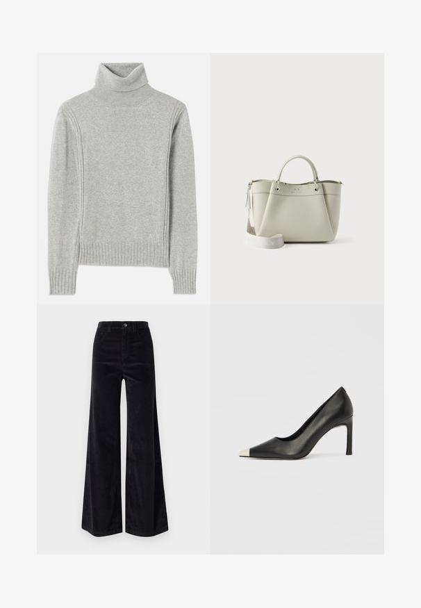 Lys grå turtleneck sweater lavet af blødt stof. Har ribbede manchetter og kanten, samt et diskret logo nederst til højre.; Sorte fløjl brede bukser med høj talje, knaplukning og frontlommer. Glat tekstur med lodret ribbet mønster.; Sort læder højhælet sko med spids tå og metal-sølv hætte. Har en glat finish og en slank hæl på 10 cm.; Lille lysegrå mulepose med to håndtag og en aftagelig bred skulderrem, der har et diskret mærkelogo på forsiden.