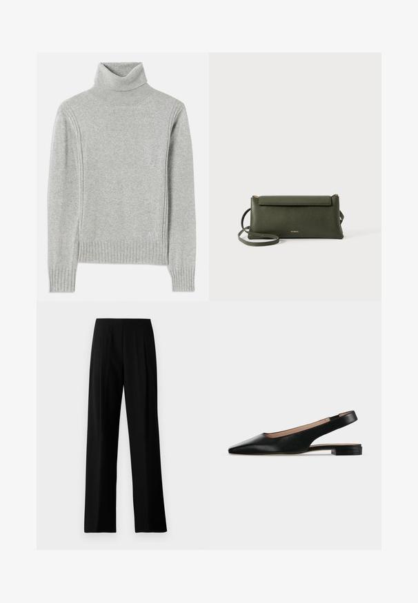Lys grå turtleneck sweater lavet af blødt stof. Har ribbede manchetter og kanten, samt et diskret logo nederst til højre.; Sorte vidde bukser lavet af glat stof, med en flad talje og frontfald for et skræddersyet look. Ingen synlig hardware eller mønstre.; Sort læder slingback flad sko med spids tå og lav firkantet hæl på hvid baggrund.; Mørkegrøn struktureret læder crossbody taske med klaplukning og tynd justerbar rem, præget med lille guld "Bee Projects" logo.