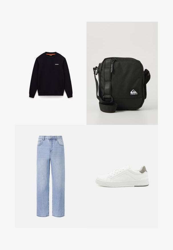 Sort sweatshirt med rund hals, lange ærmer og et lille hvidt logo på venstre bryst mod hvid baggrund.; Lyseblå denimjeans med et afslappet, bredbenet design. Funktioner inkluderer fem lommer, en frontknaplukning og diskret falmning.; Hvid sneaker lavet af glat læder, rund tå, minimalistisk design, grå hælafsats og tekstureret gummisål.; Kompakt sort crossbody taske med justerbar rem, frontlomme med lynlås og et lille hvidt Quiksilver logo-patch.