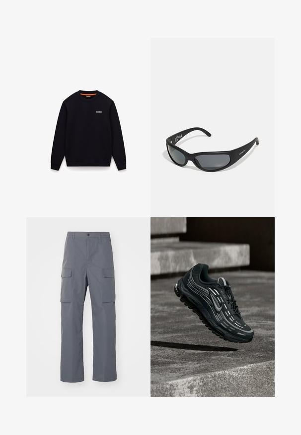 Sort sweatshirt med rund hals, lange ærmer og et lille hvidt logo på venstre bryst mod hvid baggrund.; Grå cargo-bukser lavet af holdbart stof. Funktioner inkluderer en elastisk talje, to store sidelommer og en lige benudskæring.; Sort og grå Nike Air Max sneaker, der flyder over grå betontrin med tekstureret jordbaggrund.; Sorte solbriller med en buet ramme og mørke linser. Har en mat overflade og mærkenavnet "ARNETTE" på siden.