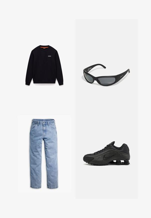 Schwarzes Sweatshirt mit Rundhalsausschnitt, langen Ärmeln und kleinem weißen Logo auf der linken Brust vor weißem Hintergrund.; Hellblaue gerade geschnittene Jeans mit vorderem Knopf- und Reißverschluss, Gürtelschlaufen und schrägen Vordertaschen.; Schwarze Laufschuhe mit einem glatten synthetischen Obermaterial, durchbrochenen Akzenten, strukturierten Seitenpaneelen und einer ausgeprägten federnden Sohle.; Schwarze Sonnenbrille mit einem geschwungenen Rahmen und dunklen Gläsern. Sie verfügt über eine matte Oberfläche und den Markennamen "ARNETTE" an der Seite.