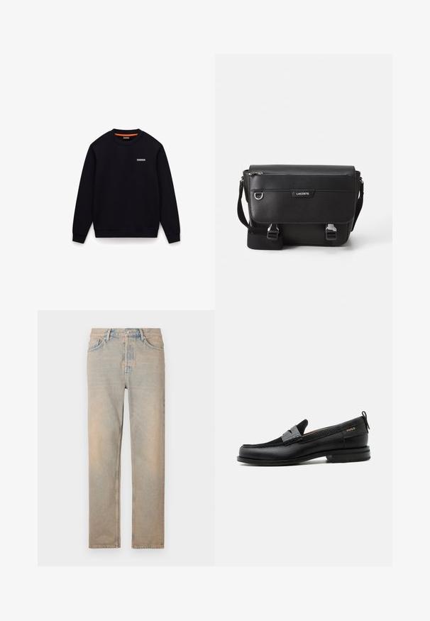 Sort sweatshirt med rund hals, lange ærmer og et lille hvidt logo på venstre bryst mod hvid baggrund.; Lys beige denim jeans med lige snit. Har fem lommer, en knaplukning og diskret falmning langs stoffets overflade.; Sort læderloafer med grå remdetalje, lav hæl og tekstureret sål, mærket med "HUGO" i guld på siden.; Sort tekstureret Lacoste messengertaske med justerbar rem, frontklap, lynlås lomme og metalspænder.