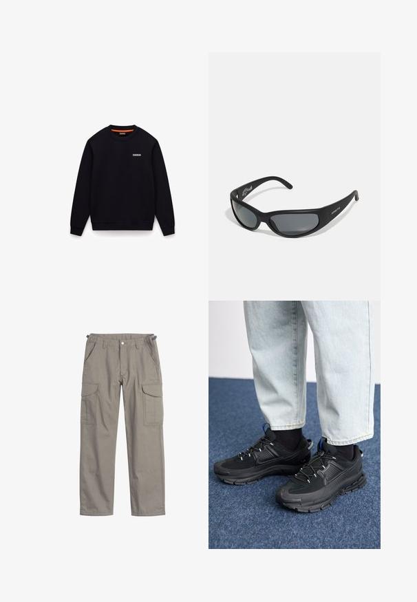 Sort sweatshirt med rund hals, lange ærmer og et lille hvidt logo på venstre bryst mod hvid baggrund.; Cargo bukser i lysegrå stof, med to store sidelommer, frontlommer, knappelukning og en løs pasform.; Sorte træningssko med tekstureret stof og gummisåler, udstyret med elastiske snørebånd og en blå detalje på hælen. Bæres med lyse denimbukser.; Sorte solbriller med en buet ramme og mørke linser. Har en mat overflade og mærkenavnet "ARNETTE" på siden.