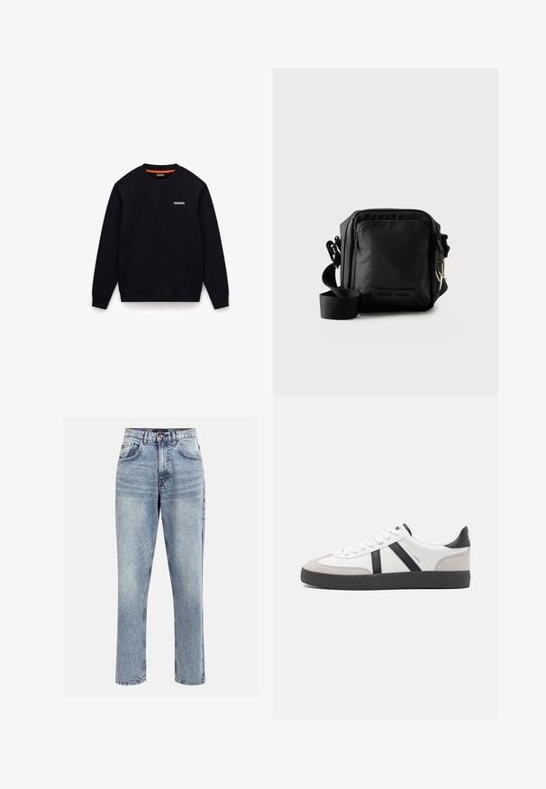 Zwart sweatshirt met ronde hals, lange mouwen en een klein wit logo op de linkerborst tegen een witte achtergrond.; Lichtblauwe denim hoge taille jeans met een rechte pijp, vijf zakken en een knoopsluiting. Heeft subtiele vervaging en stikseldetails.; Witte sneaker met zwarte en grijze accenten, voorzien van een grijze neus met textuur, zwarte rubberen zool en platte witte veters. Schoon ontwerp, minimalistische stijl.; Zwarte compacte crossbodytas met voorvak met rits, verstelbare riem en gestructureerde stof tegen een effen achtergrond.