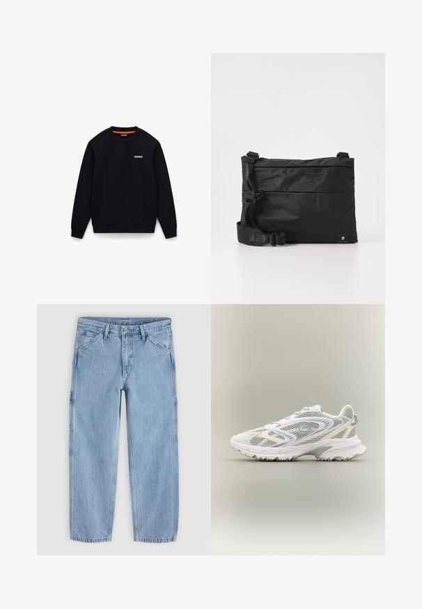 Schwarzes Sweatshirt mit Rundhalsausschnitt, langen Ärmeln und kleinem weißen Logo auf der linken Brust vor weißem Hintergrund.; Hellblaue Jeans mit geradem Bein, vorderem Knopf, Reißverschluss, Gürtelschlaufen und schrägen Vordertaschen auf einfarbigem Hintergrund.; Weißer Sportschuh mit grauen Netzpaneelen, strukturierten Überzügen, einem gepolsterten Kragen und einer Gummisohle mit kleinen Traktionsspikes.; Schwarze Nylon-Umhängetasche mit verstellbarem Riemen, flachem Design und seitlichem Etikett mit Logo. Glatte Textur und minimalistischer Stil.