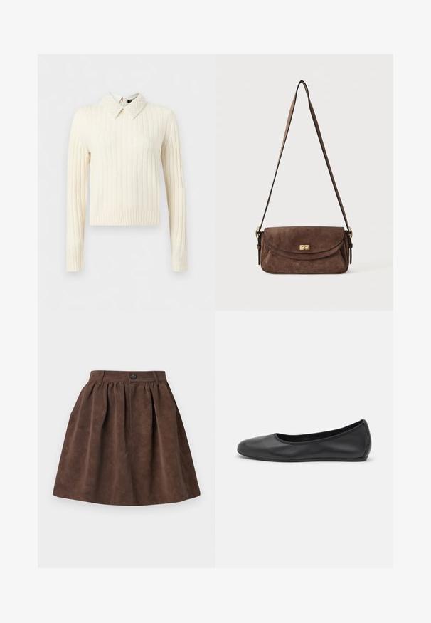 Pull crème côtelé à manches longues avec col pointu texturé orné de perles et ourlet droit.; Jupe marron en suédine synthétique coupe trapèze avec taille froncée, passants pour ceinture et fermeture par un seul bouton à l'avant.; Ballerines en cuir noir avec un bout rond, texture lisse, détails de couture minimalistes et design de semelle flexible.; Sac bandoulière en daim marron avec une longue sangle réglable et une fermeture à tour dorée sur le rabat avant.