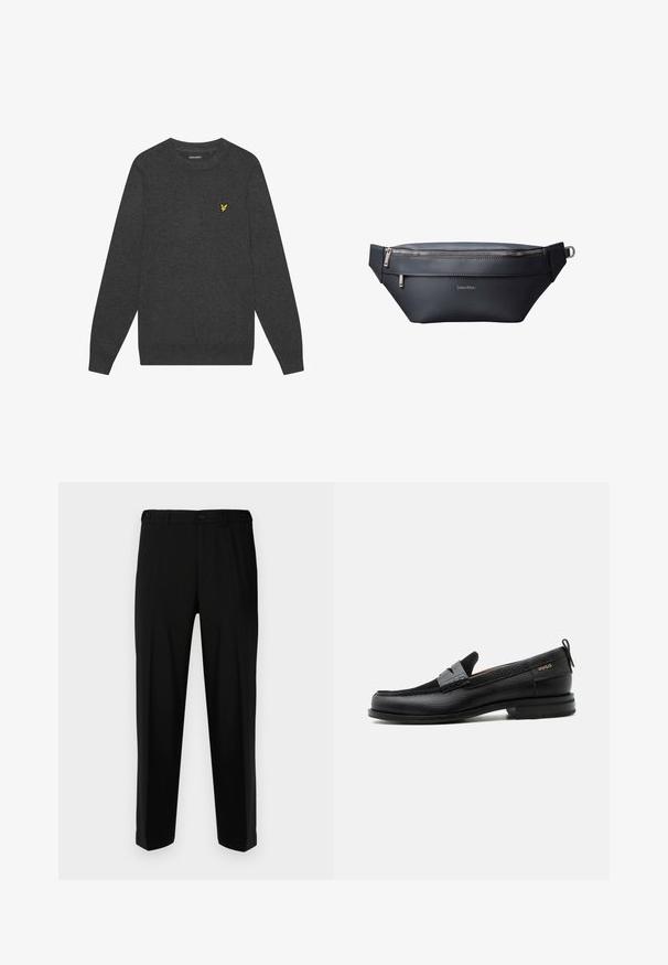 Suéter de cuello redondo en gris oscuro, hecho de una tela suave. Presenta un pequeño logotipo amarillo bordado en el pecho. Mangas largas con puños acanalados.; Pantalones negros de tela suave, con corte recto, dos bolsillos frontales y cremallera con cierre de botón.; Mocasín de cuero negro con detalle de tira gris, tacón bajo y suela texturizada, con la marca "HUGO" en oro en el lateral.; Riñonera negra de cuero Calvin Klein con dos compartimentos con cremallera y correa ajustable con hebilla metálica.