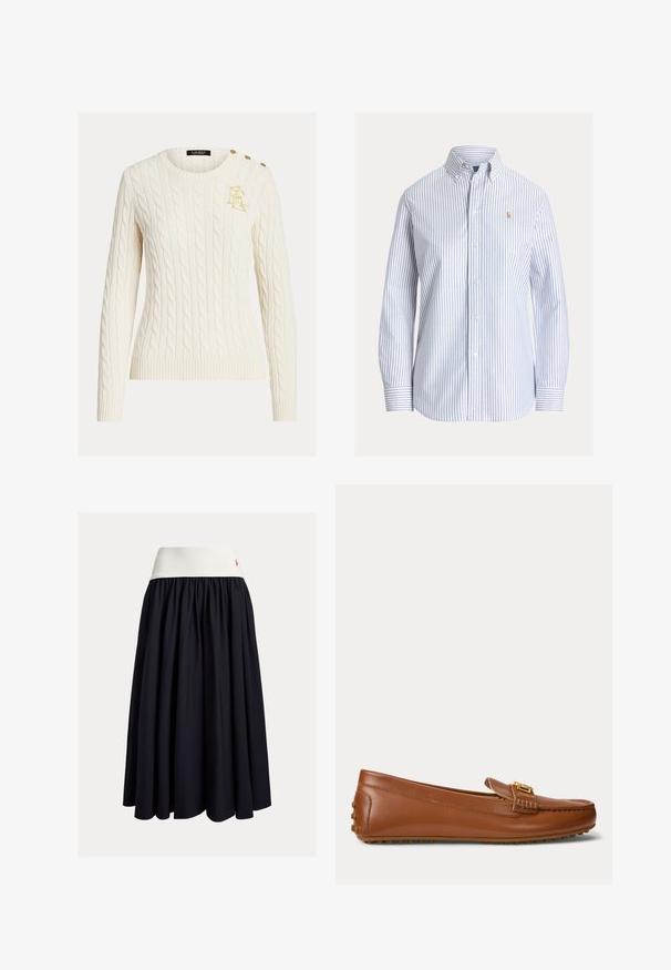 Pull en tricot torsadé crème avec manches longues, col rond, logo doré brodé sur la poitrine et trois boutons dorés à l'épaule.; Chemise blanche boutonnée avec des rayures verticales bleu clair, col boutonné et petit logo brodé sur la poitrine gauche.; Jupe mi-longue en tissu bleu marine foncé avec une ceinture élastique blanche. Elle présente un design plissé et un petit logo rouge en accent.; Mocassin en cuir marron avec détail boucle dorée, semelle en caoutchouc avec crampons au talon et sous la semelle.