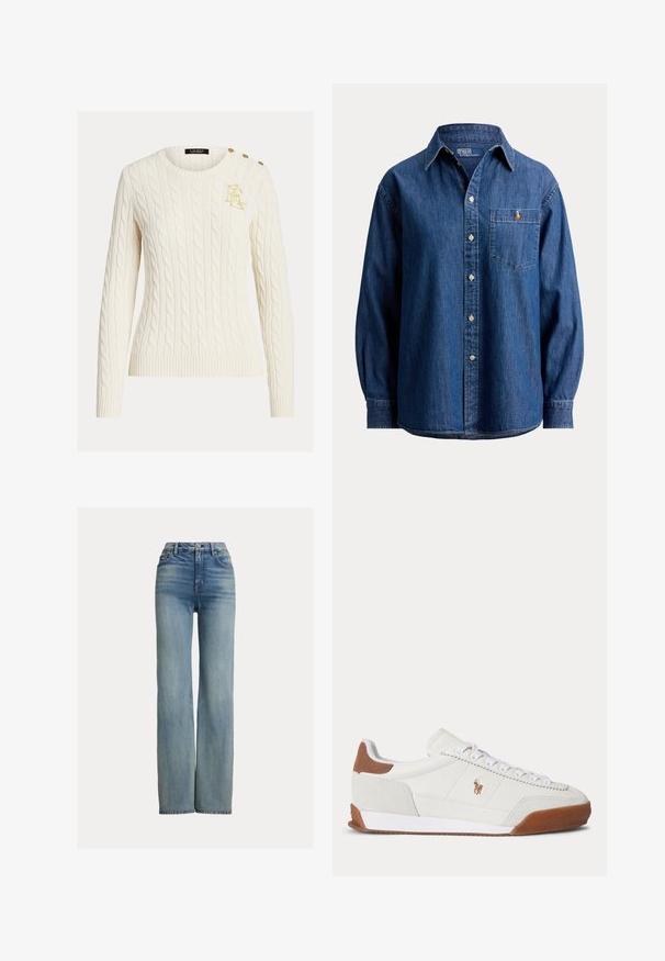Pull en tricot torsadé crème avec manches longues, col rond, logo doré brodé sur la poitrine et trois boutons dorés à l'épaule.; Chemise en denim bleu à manches longues avec boutons et une poche poitrine comportant un petit logo brodé sur le côté gauche.; Jeans bleus taille haute, à jambe droite, avec poches avant, passants de ceinture et fermeture à bouton, présentant des détails légèrement délavés.; Baskets basses blanches avec des accents en daim marron au talon et à l’orteil, des lacets blancs et un petit logo brodé marron sur le côté.