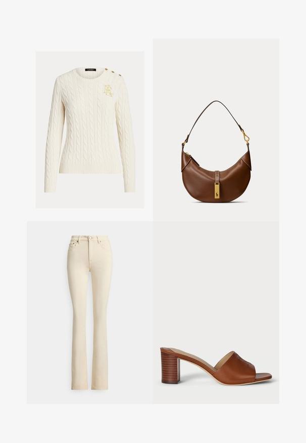 Pull en tricot torsadé crème avec manches longues, col rond, logo doré brodé sur la poitrine et trois boutons dorés à l'épaule.; Jean évasé beige avec une taille haute, deux poches avant et une fermeture par bouton. Texture lisse et détails de couture minimalistes.; Mules à talons en cuir marron avec une large ouverture au niveau des orteils, un empeigne incurvée et un talon cylindrique empilé comportant des lignes horizontaless.; Sac à main en cuir marron en forme de croissant avec une seule bandoulière et une étiquette rectangulaire dorée comportant un logo de cheval.