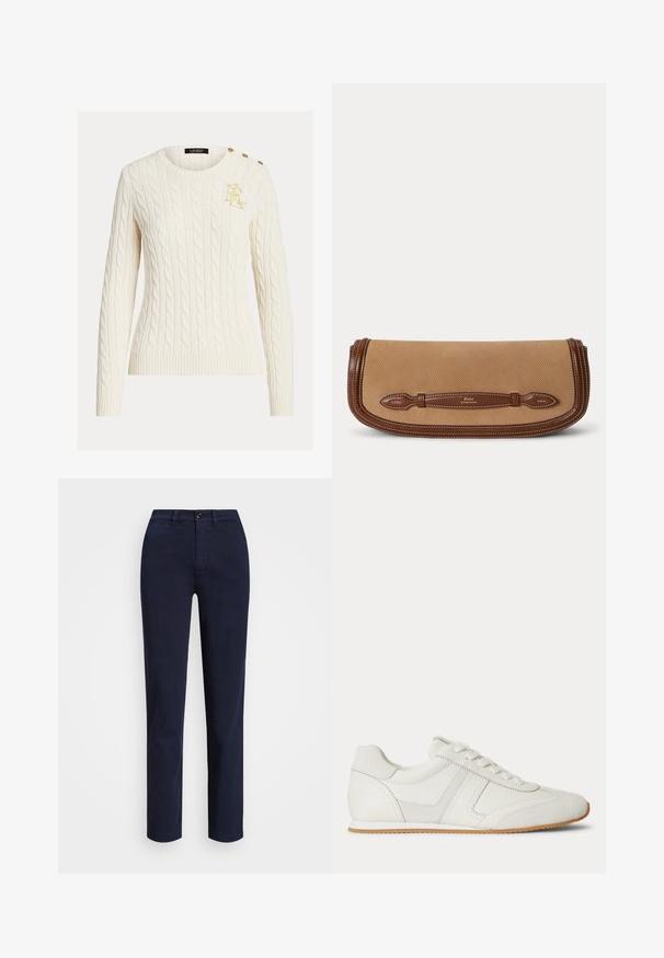 Kreemivärvi soonikudega kudum, ümmargune kaelus, kuldne tikand logoga rinnal ja kolm kuldset nööpi õlal.; Lauren Ralph Lauren SLIM FIT STRETCH CHINO PANT - Chino-püksid - navy; Valge madala säärega toss esikäepäradega, seemisnahast ja nahast paneelidega ning helepruuni kummipõhjaga, valgel taustal.; Beežist kangast käekott, millel on pruunid nahast servad ja käepide, millele on pressitud Polo by Ralph Lauren logo.