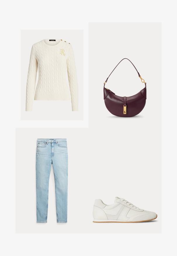 Cremefarvet kabelstrikket sweater med lange ærmer, rund hals, guld broderet logo på brystet og tre guldknapper på skulderen.; Lyseblå høj talje skinny jeans med fem lommer og en knaplukning på en ensfarvet hvid baggrund.; Hvid lavtop sneaker med snørelukning foran, ruskind- og læderpaneler og en lysebrun gummisål på en hvid baggrund.; Lille mørkelilla læder skuldertaske med guld lynlås og guldrektangulært logo på frontstroppen.