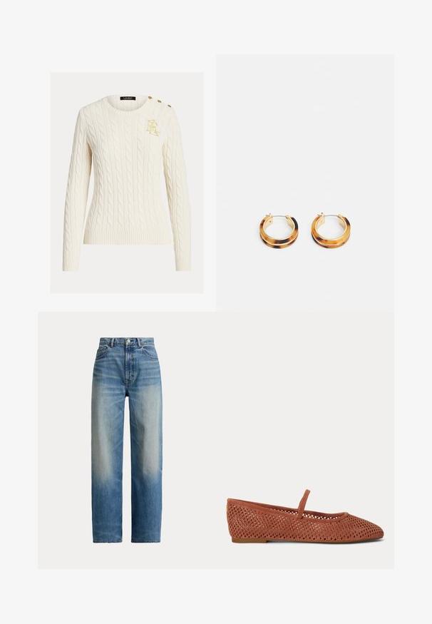 Pull en tricot torsadé crème avec manches longues, col rond, logo doré brodé sur la poitrine et trois boutons dorés à l'épaule.; Jean taille haute à jambes droites bleu avec devant délavé et design classique à cinq poches, fermeture par bouton et zip.; Chaussure de ballet plate marron avec une bride unique et un motif losange perforé sur le dessus et le talon.; Boucles d'oreilles créoles en écaille de tortue avec une finition brillante, des éléments en métal doré et un design à double couche pour une dimension supplémentaire.