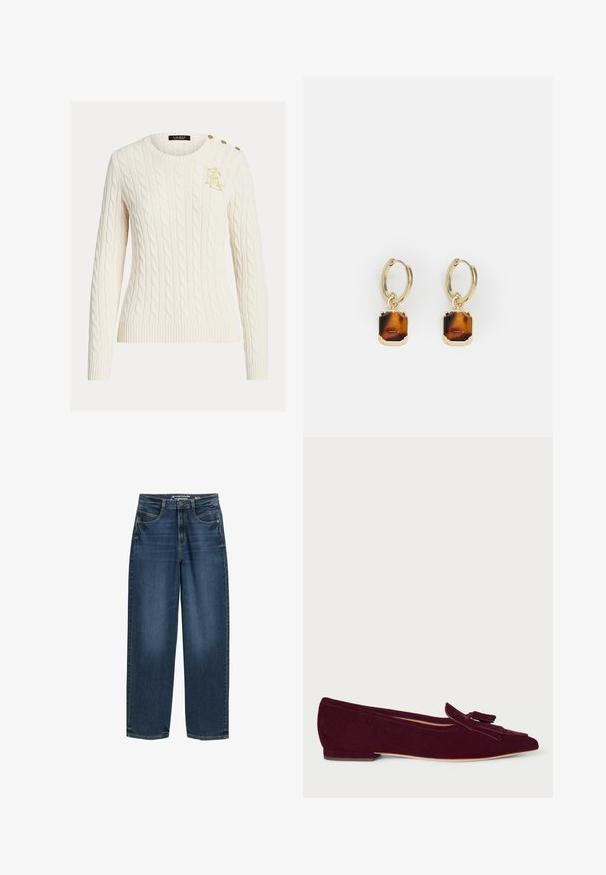 Pull en tricot torsadé crème avec manches longues, col rond, logo doré brodé sur la poitrine et trois boutons dorés à l'épaule.; Jean large taille haute bleu foncé, avec poches avant et texture denim classique. Fini avec des détails de couture subtils et des ouvertures de jambe droites.; Ballerines en suède bordeaux avec un bout arrondi, présentant un nœud décoratif et des franges sur la tige, ainsi qu'un petit talon empilé.; Lauren Ralph Lauren HOOP DROP - Boucles d'oreilles - gold-coloured/brown