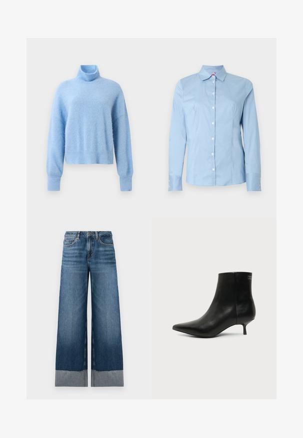 Suéter de cuello alto recortado en azul claro, hecho de una suave tela texturizada con mangas largas y puños acanalados para un detalle adicional.; Camisa de manga larga azul claro con cuello puntiagudo, textura suave de algodón y botones blancos en la parte delantera y en los puños.; Vaqueros de pierna ancha en azul con un degradado de denim oscuro a claro, presentando un dobladillo sin acabar y sutilezas en los detalles de costura. Diseño clásico de cinco bolsillos.; Botín de piel negra con puntera puntiaguda y tacón bajo estilo kitten sobre fondo claro, mostrando vista lateral exterior.