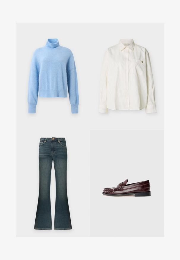 Pull col roulé court bleu clair en tissu doux et texturé, avec des manches longues et des poignets côtelés pour une touche de détail.; Chemise blanche à manches longues avec boutons, fines rayures verticales, col pointu, poche poitrine avant et petit logo doré "cK" sur la poche.; Jean flare en denim bleu foncé avec un léger décoloré subtil, taille standard et un design classique à cinq poches. Accents en métal cuivré.; Mocassin penny en cuir bordeaux avec semelle noire et détail en métal doré sur le dessus, présenté en vue latérale sur fond blanc.