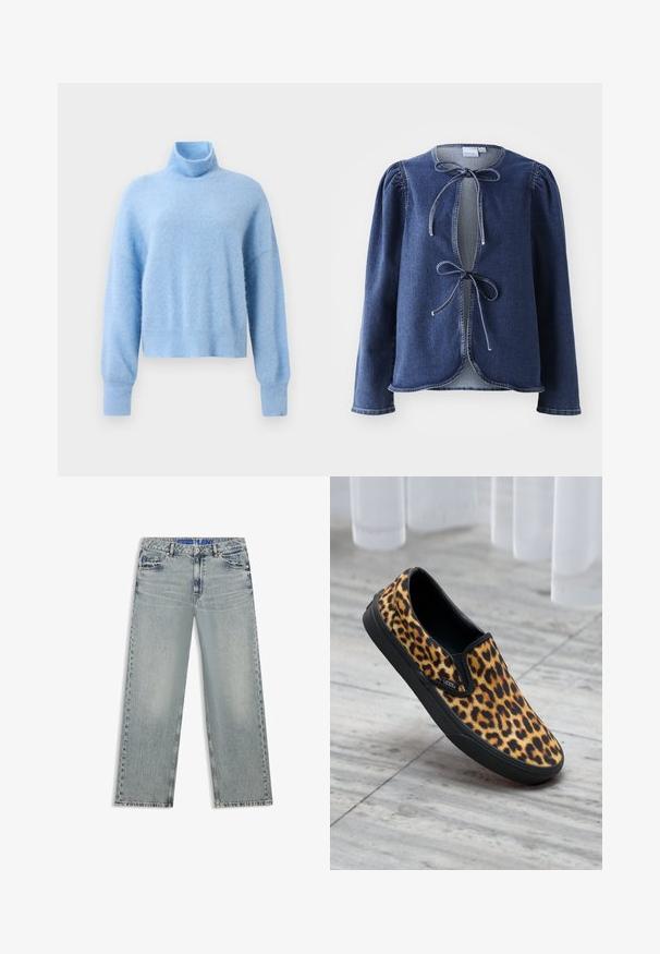 Pull col roulé court bleu clair en tissu doux et texturé, avec des manches longues et des poignets côtelés pour une touche de détail.; Veste en denim bleu foncé avec des manches longues, des épaules bouffantes et une fermeture à nouer à l'avant. Elle présente un ourlet arrondi et des surpiqûres contrastantes.; Jean large bleu clair en denim, avec des zones délavées, cinq poches et une ceinture bleue à logo.; Botte slip-on à imprimé léopard en tissu avec une semelle en caoutchouc noire. Présente un design à profil bas et des accents élastiques sur les côtés pour un enfilage facile.