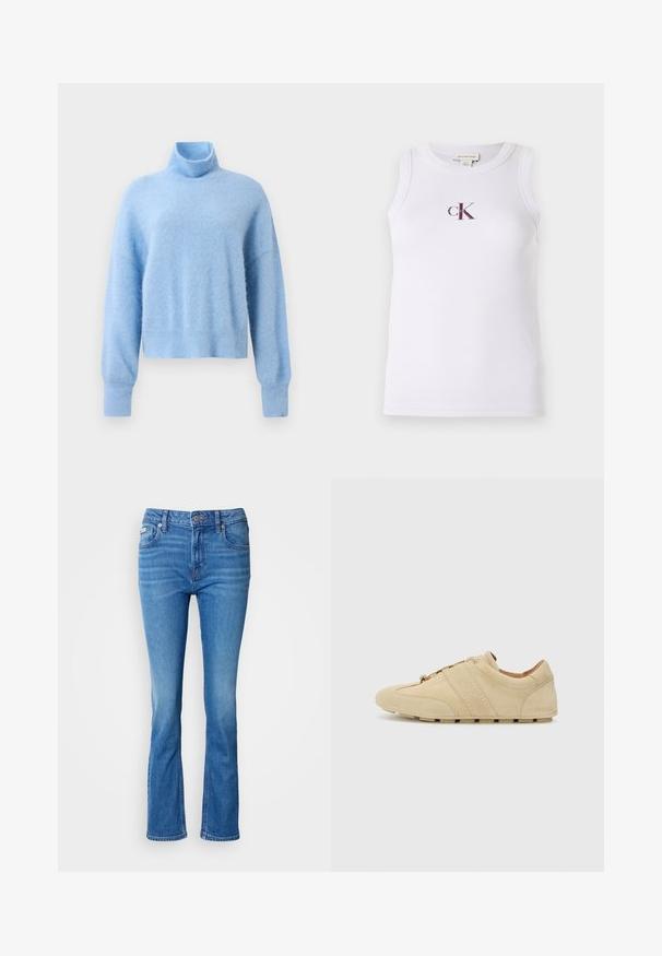 Lichtblauwe, korte turtleneck trui gemaakt van zachte, gestructureerde stof met lange mouwen en geribbelde manchetten voor extra detail.; Witte geribbelde tanktop met een ronde halslijn en een klein bordeauxrood "ck" logo in het midden aan de voorkant. Gladde textuur, aangesloten model.; Blauwe spijkerbroeken met een flared model en een middelhoge taille, met een klassiek vijf-pocketdesign en een subtiele vervaging bij de knieën.; Tan suède sneaker met een minimalistisch ontwerp, ronde neus en rubberen zool. Heeft twee verticale strepen en een vetersluiting. Soepele textuur.