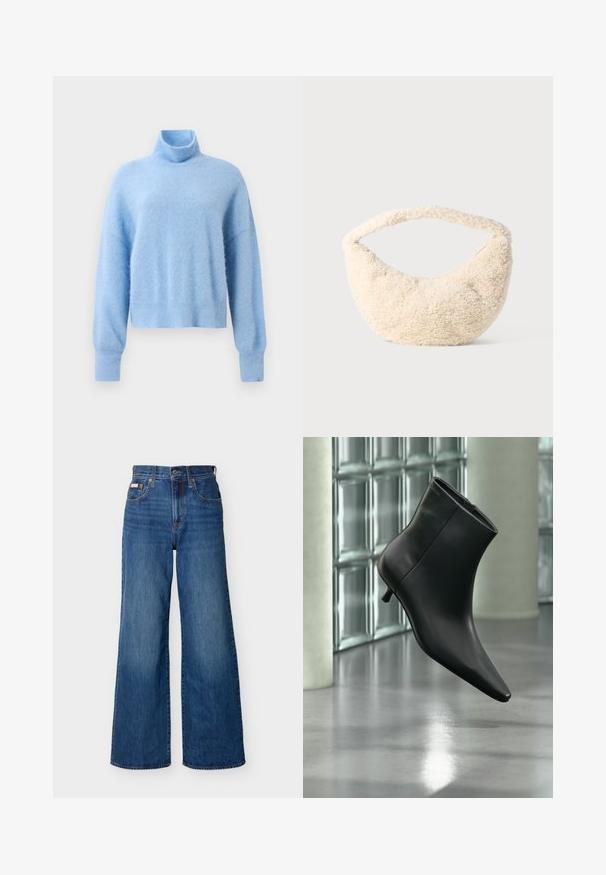 Suéter de cuello alto recortado en azul claro, hecho de una suave tela texturizada con mangas largas y puños acanalados para un detalle adicional.; Jeans anchos de mezclilla azul con cintura alta, botón frontal, cremallera y diseño de cinco bolsillos sobre un fondo liso.; Botín negro de cuero con punta puntiaguda y tacón bajo estilo kitten, mostrado en ángulo sobre un suelo pulido y con una pared de bloques de vidrio de fondo.; Bolso de color crema con una textura suave y esponjosa. Forma curvada y una tira ancha para llevar. Diseño simple, sin hardware o acentos visibles.