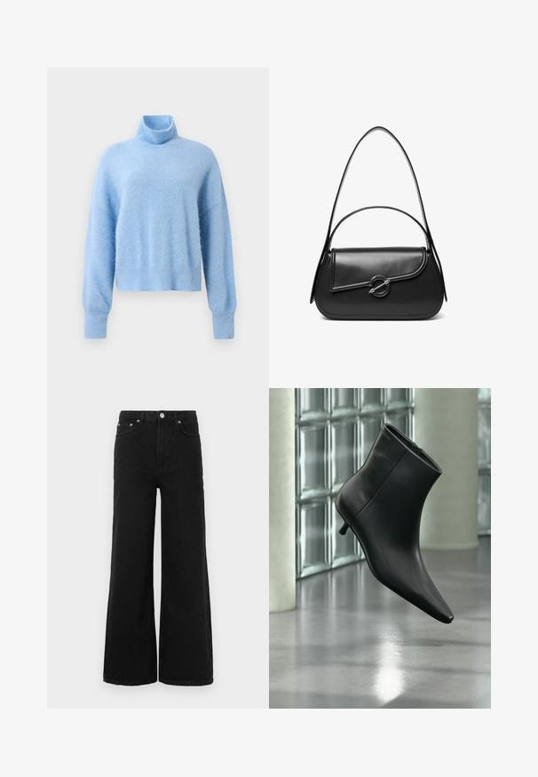 Pull col roulé court bleu clair en tissu doux et texturé, avec des manches longues et des poignets côtelés pour une touche de détail.; Jean noir à jambes larges en denim ; doté d'une taille haute, de poches avant et d'une fermeture par bouton. Aucun motif ni ornement visible.; Bottine en cuir noir à bout pointu et petit talon kitten, présentée en angle devant un sol poli et un mur en blocs de verre.; Sac à bandoulière en cuir noir avec un rabat incurvé fermé par un fermoir métallique rond et une sangle fine et ajustable.