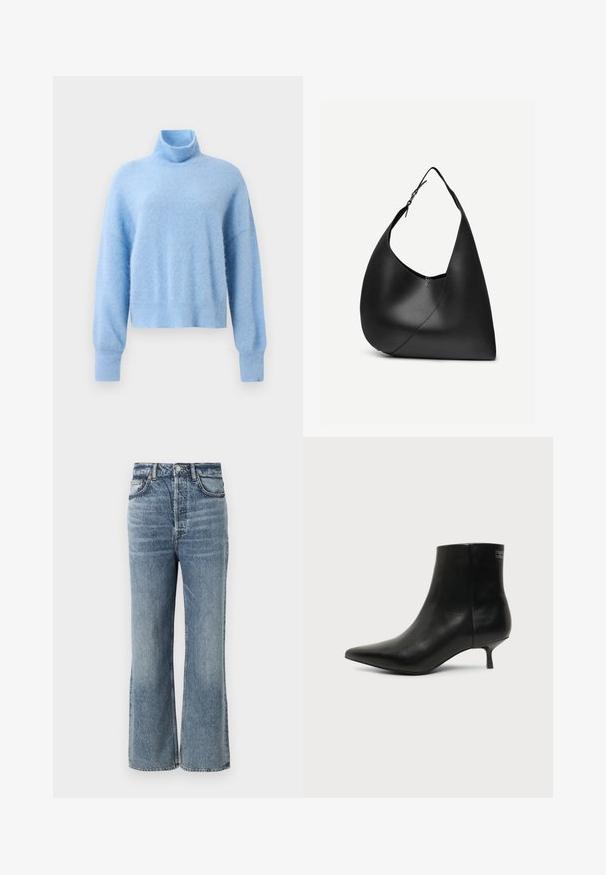 Pull col roulé court bleu clair en tissu doux et texturé, avec des manches longues et des poignets côtelés pour une touche de détail.; Jeans taille haute bleu clair avec une coupe évasée, finis avec un léger délavage, design à cinq poches et matériel en métal pour le bouton.; Bottine en cuir noir avec bout pointu et petit talon kitten sur fond clair, vue côté extérieur.; Sac à épaule en cuir noir avec forme triangulaire incurvée, une seule sangle ajustable, et une couture diagonale visible à l'avant.