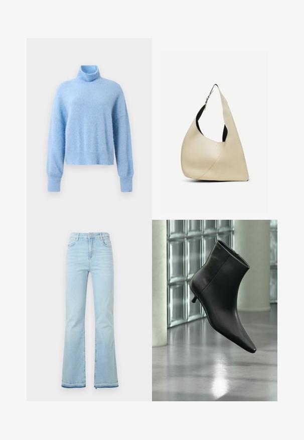 Pull col roulé court bleu clair en tissu doux et texturé, avec des manches longues et des poignets côtelés pour une touche de détail.; Jean flare bleu clair en denim, avec une taille haute, des poches avant et un ourlet brut au niveau des poignets pour un look décontracté.; Bottine en cuir noir à bout pointu et petit talon kitten, présentée en angle devant un sol poli et un mur en blocs de verre.; Sac à bandoulière en cuir lisse couleur crème, de forme triangulaire arrondie, avec une sangle réglable et une boucle en argent.