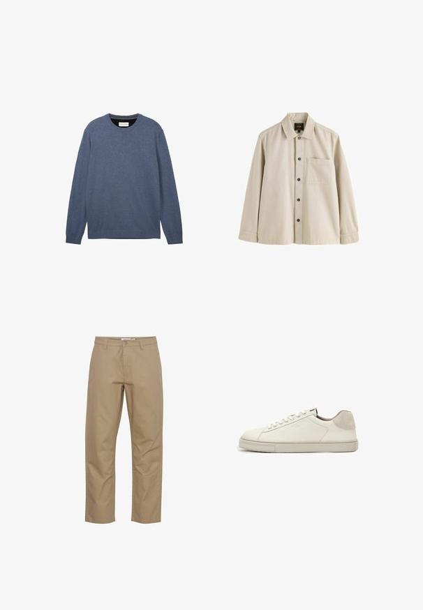 Crewneck sweater i mørkeblå, fremstillet af blødt stof med en glat tekstur, der har lange ærmer og ribbede manchetter samt kant.; Beige langærmet skjorte med knapper, krave og en brystlomme, lavet af et robust stof.; Beige bomuldsbukser med lige ben-design, der har en frontknap og lynlås lukning, sidelommer og et rent finish.; Hvid lavtopet lædersneaker med hvide snørebånd, let struktureret sål og lys grå ruskinds-hælpatch, sideudsigt.
