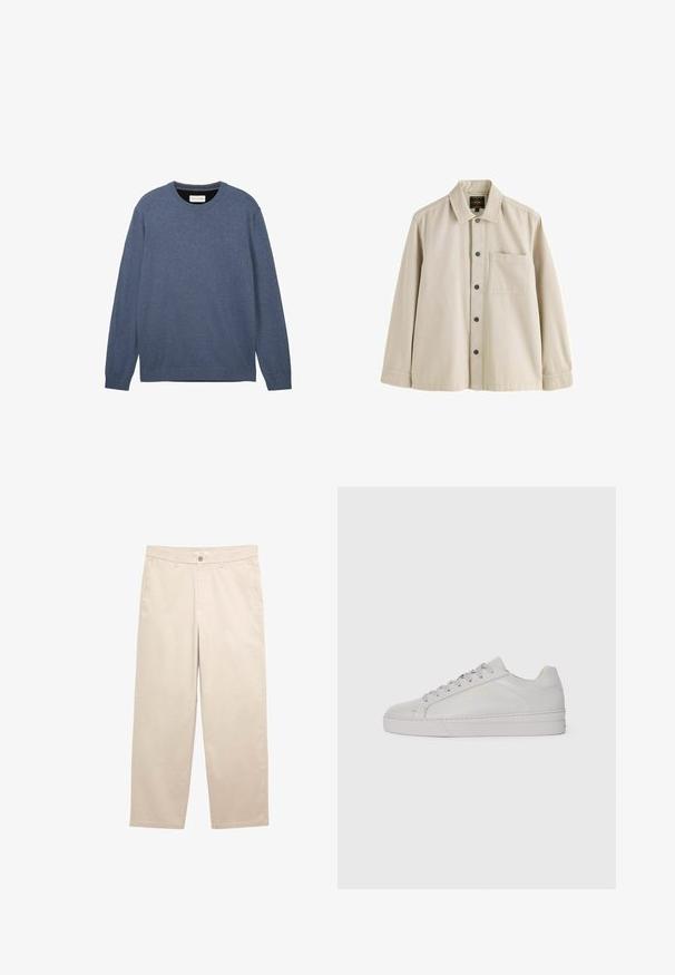 Donkerblauwe crewneck trui, vervaardigd uit zachte stof met een gladde textuur, met lange mouwen en ribbelboorden en -zoom.; Beige overhemd met lange mouwen, knopen, een kraag en één borstzak, gemaakt van stevig stof.; Beige broek met rechte pijpen, knoop- en ritssluiting, riemlussen en voorste zijzakken, plat gelegd op een witte achtergrond.; Lichtgrijze leren sneaker met een gladde textuur, ronde neus, platte rubberen zool en ton-sur-ton veters. Bevat minimale branding in goud.